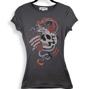 Y2K Rhinestone Skull Dragon Graphic Tee Women Small Gray Affliction Style Grunge
